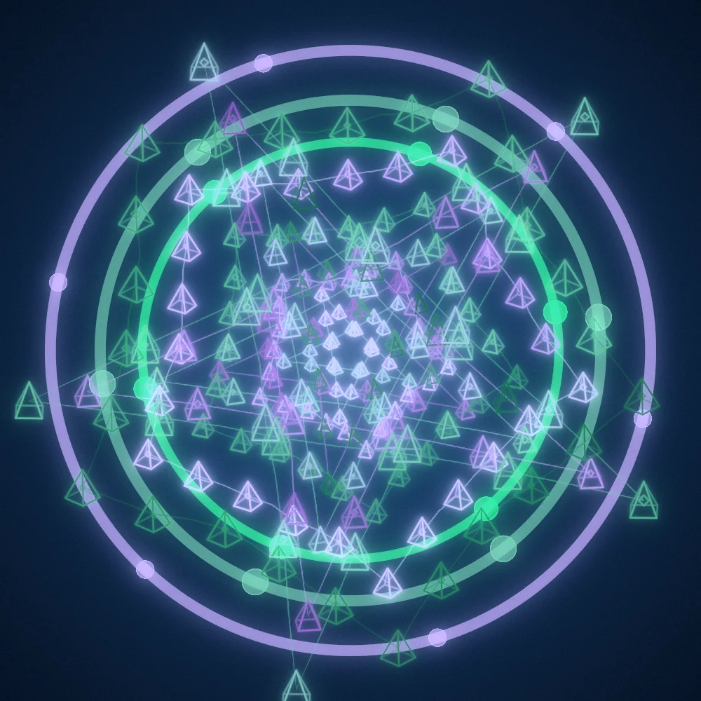 Duo Pyramids – Mandala · 220 wireframe pyramids · Green-Magenta palette · bloom, film grain, cool grade, glow, turning solids generated with Espiralito