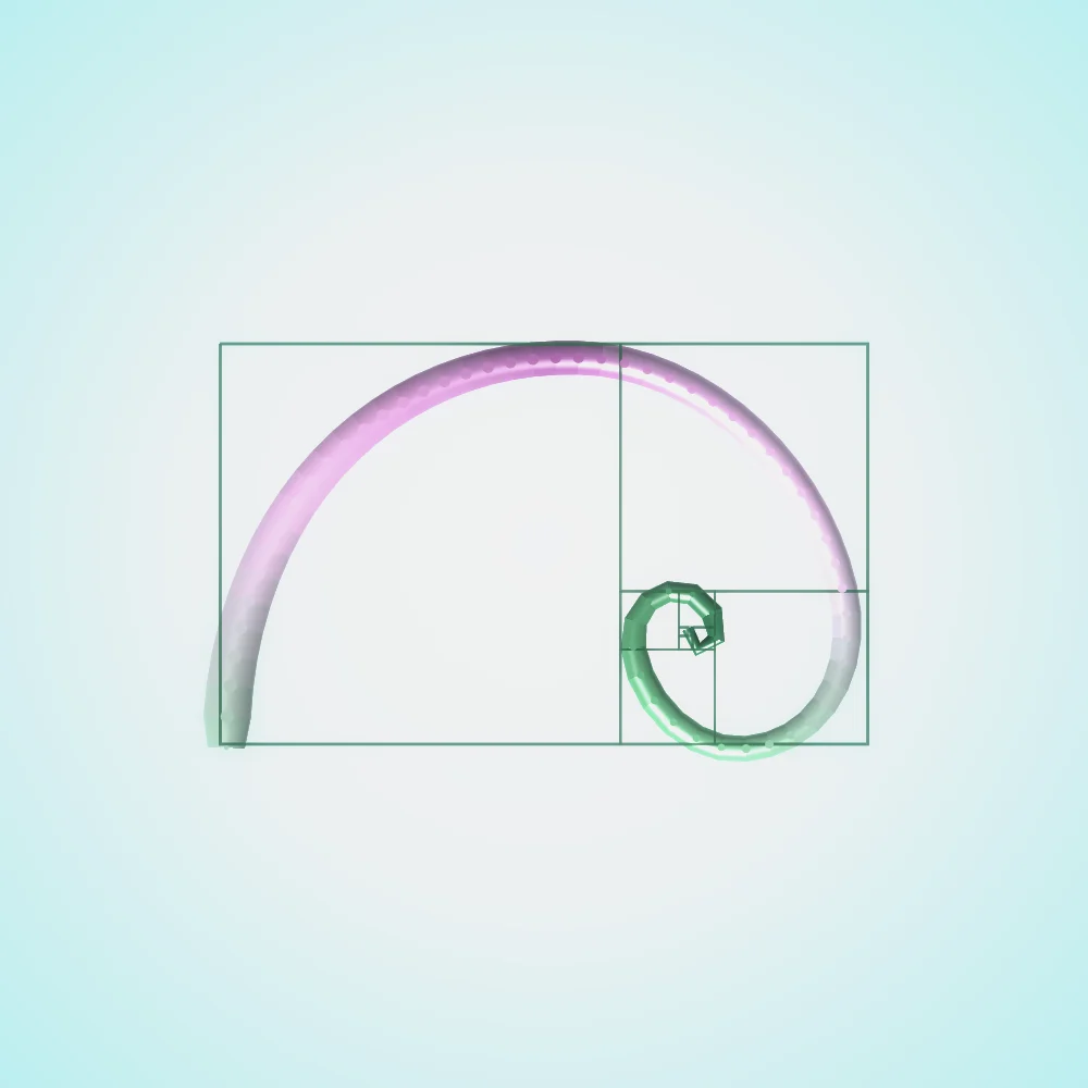 Duo Seedhead – Fibonacci · 78 circles · Green-Magenta palette · ribbons + dots, bloom, 3D depth generated with Espiralito