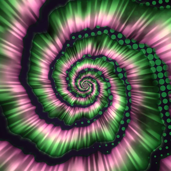 Duo Vortex – Tie-dye · a tie-dye spiral · 3 arms · Green-Magenta palette · bloom, warm grade, reverse rotation