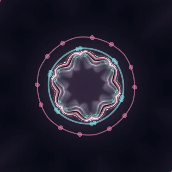 Electric Mirror – Superformula · 135 circles · 8-fold symmetry · Electric palette · ribbons + dots, 6-wedge kaleidoscope with 1 fractal fold, , 3D depth, reverse rotation, animated background, glow, motion trails