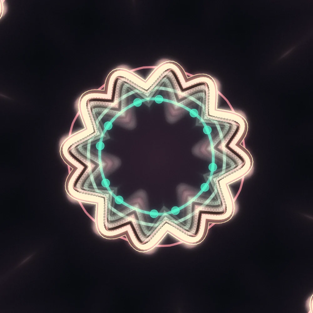 Electric Mirror – Superformula · 135 circles · 8-fold symmetry · Electric palette · ribbons + dots, 6-wedge kaleidoscope with 1 fractal fold, bloom, film grain, warm grade, 3D depth, reverse rotation, animated background, glow, motion trails generated with Espiralito
