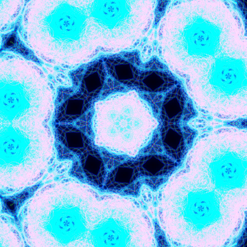 Electric Origami – Burst · 300 circles · 5-fold symmetry · Vaporwave palette · ribbons + dots, 5-wedge kaleidoscope with 3 fractal folds, bloom, chromatic aberration, neon grade generated with Espiralito