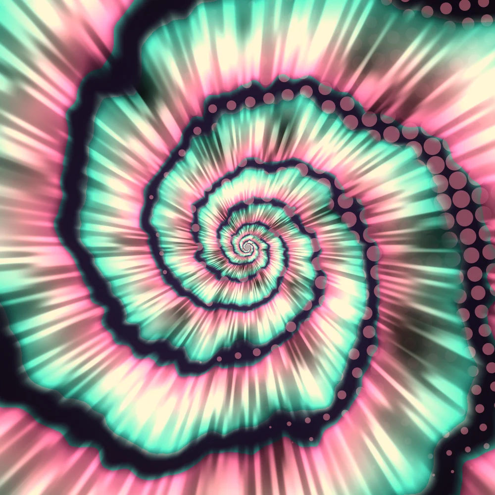 Electric Vortex – Tie-dye · a tie-dye spiral · 3 arms · Electric palette · bloom, warm grade, reverse rotation generated with Espiralito