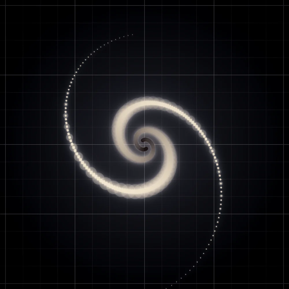 Ember Cubes – Spiral · 150 wireframe cubes · 2-fold symmetry · Ember palette · bloom, black-and-white grade, 3D depth, tapered strokes, animated background, glow, depth sorting, turning solids generated with Espiralito
