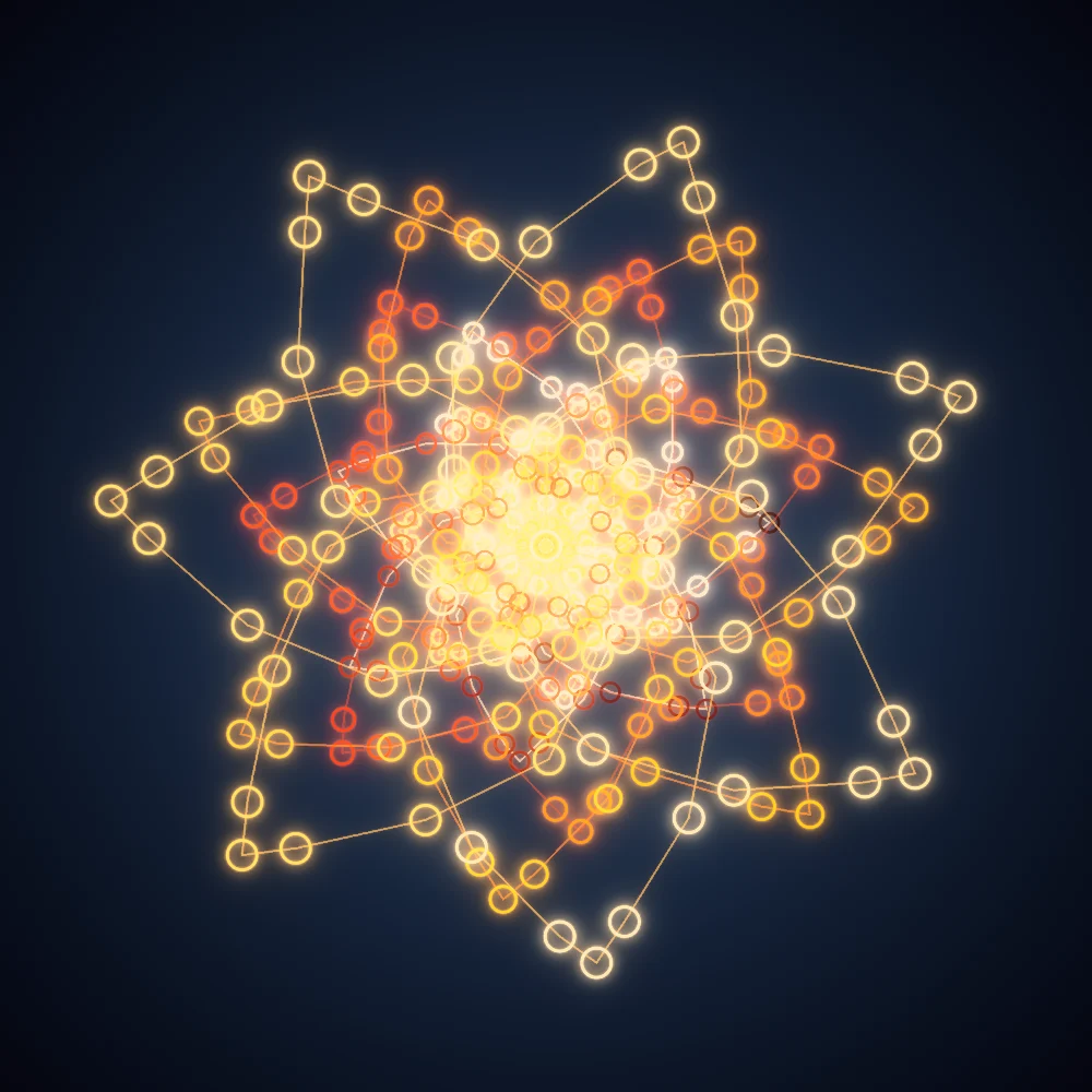 Ember Lotus – Mandala · 300 circles · Supernova palette · bloom, warm grade, glow generated with Espiralito