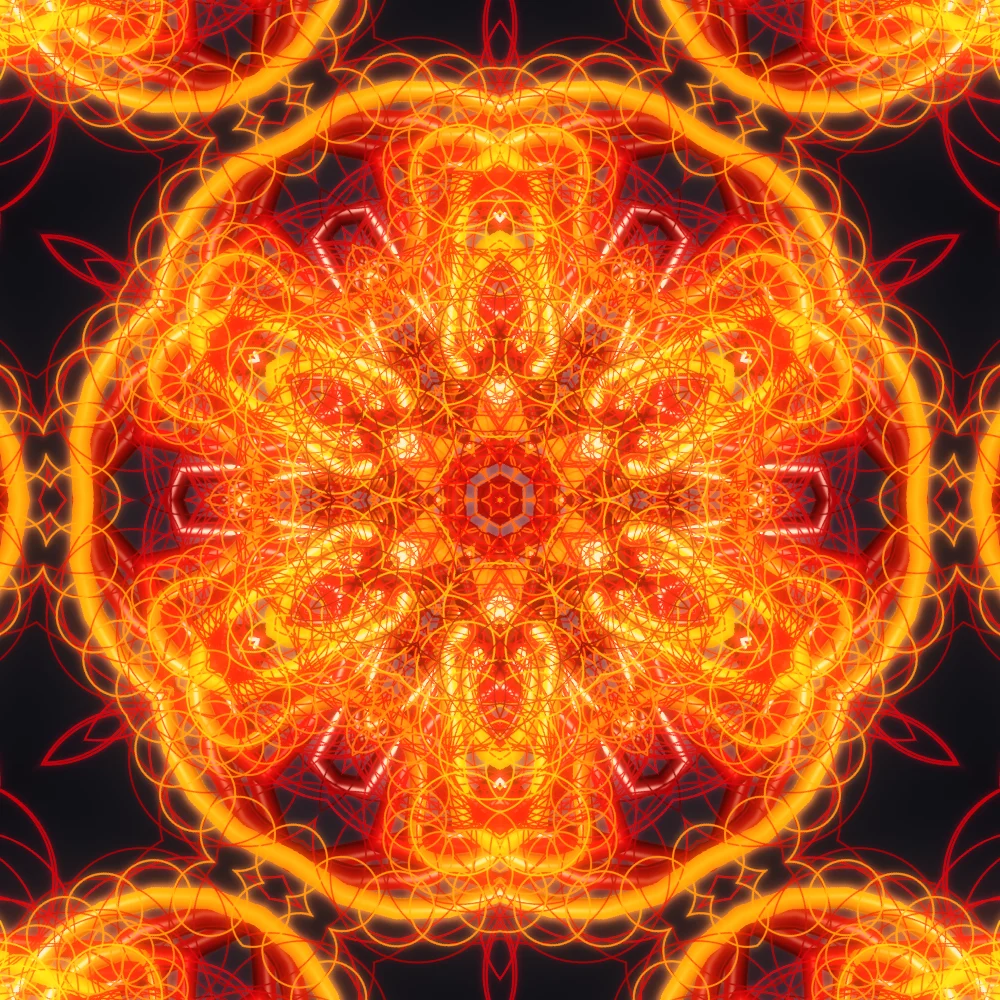 Ember Mandala – Spirograph · 300 circles · 2-fold symmetry · Lava palette · ribbons + dots, 6-wedge kaleidoscope with 1 fractal fold, bloom, warm grade, glow generated with Espiralito