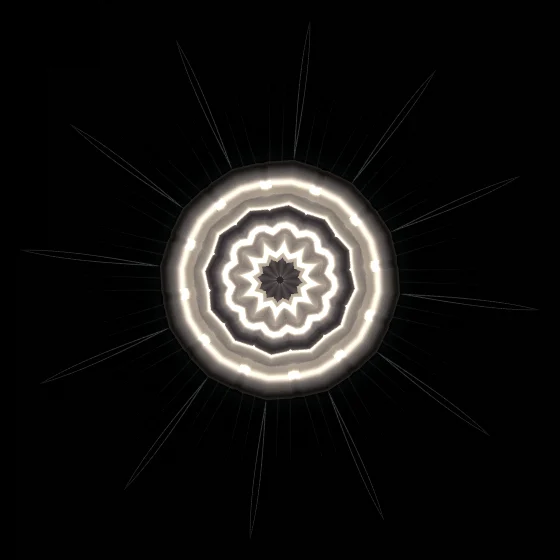 Ember Mirror – Fibonacci · 106 circles · Ember palette · shaded ribbons, 12-wedge kaleidoscope with 1 fractal fold, bloom, chromatic aberration, film grain, black-and-white grade, 3D depth, connecting lines
