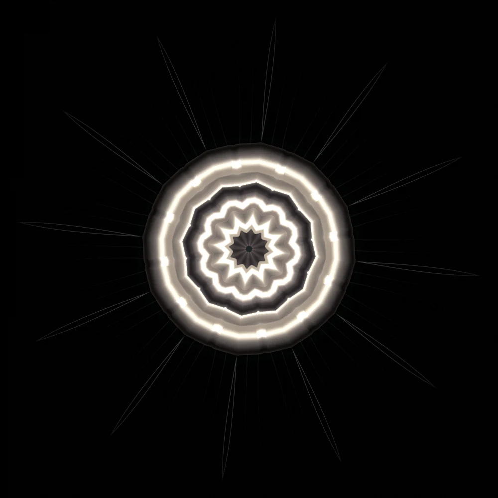Ember Mirror – Fibonacci · 106 circles · Ember palette · shaded ribbons, 12-wedge kaleidoscope with 1 fractal fold, bloom, chromatic aberration, film grain, black-and-white grade, 3D depth, connecting lines generated with Espiralito