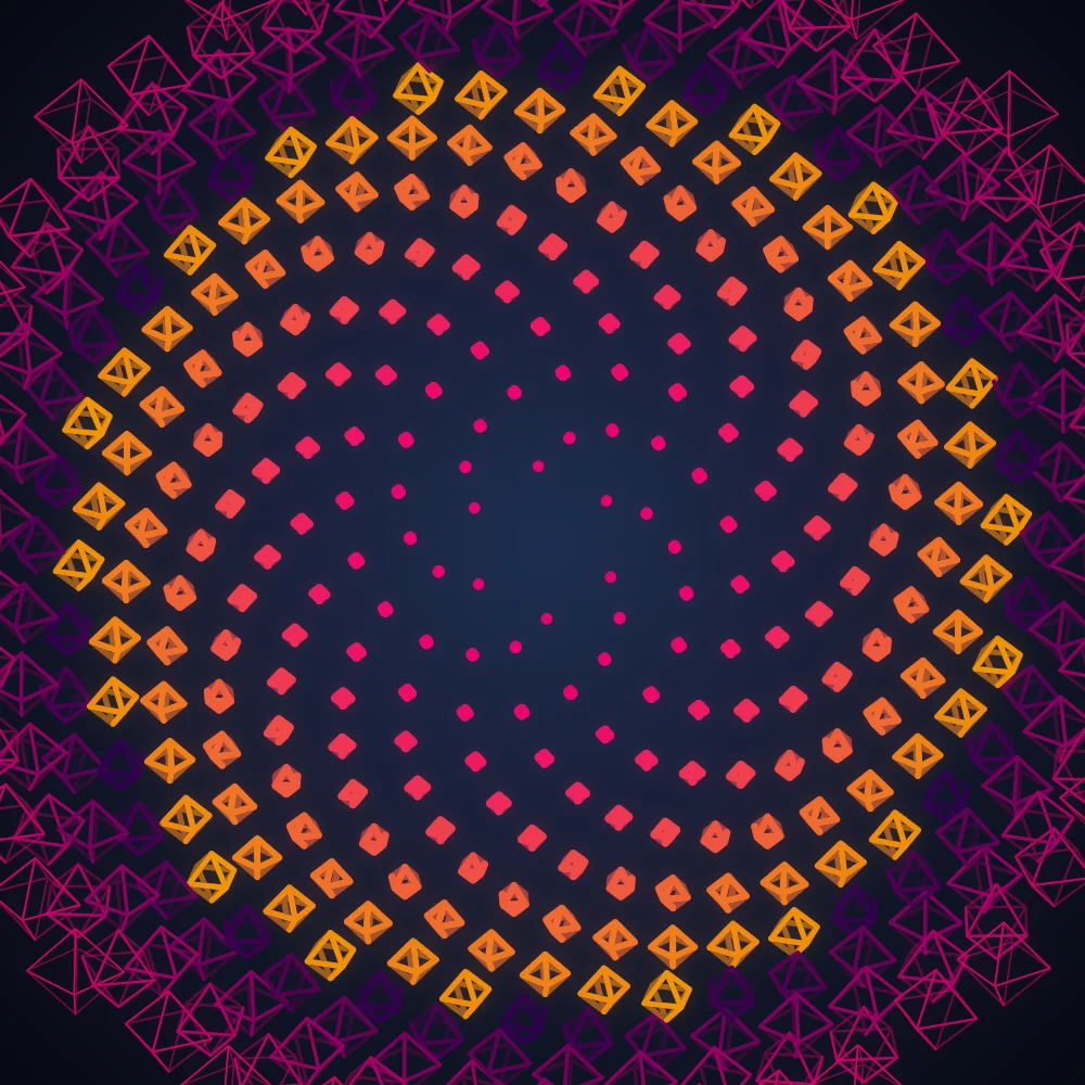 Ember Phyllotaxis – Fibonacci · 70 wireframe octahedra · 6-fold symmetry · Blood Moon palette · bloom, tapered strokes generated with Espiralito