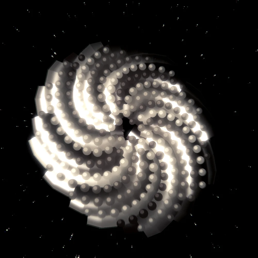 Ember Seedhead – Fibonacci · 113 circles · Ember palette · ribbons + dots, bloom, chromatic aberration, film grain, black-and-white grade, 3D depth generated with Espiralito