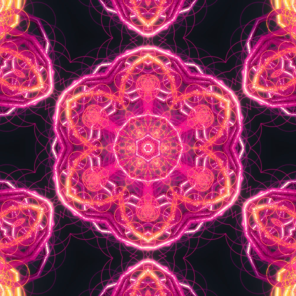 Ember Wheel – Spirograph · 300 circles · 2-fold symmetry · Blood Moon palette · ribbons + dots, 6-wedge kaleidoscope with 1 fractal fold, bloom, warm grade, glow generated with Espiralito