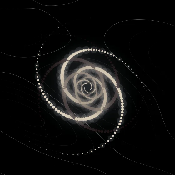 Ember Whorl – Spiral · 103 circles · 3-fold symmetry · Ember palette · bloom, black-and-white grade, 3D depth, dual spiral, depth sorting