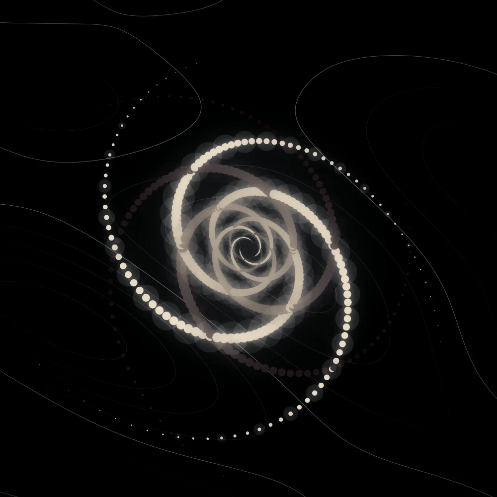Ember Whorl – Spiral · 103 circles · 3-fold symmetry · Ember palette · bloom, black-and-white grade, 3D depth, dual spiral, depth sorting generated with Espiralito