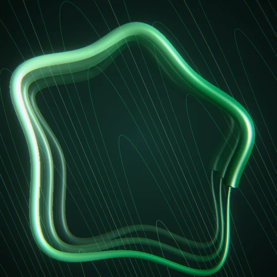 Emerald Bloom – Superformula · 233 circles · 5-fold symmetry · Emerald palette · shaded ribbons, bloom, chromatic aberration, 3D depth