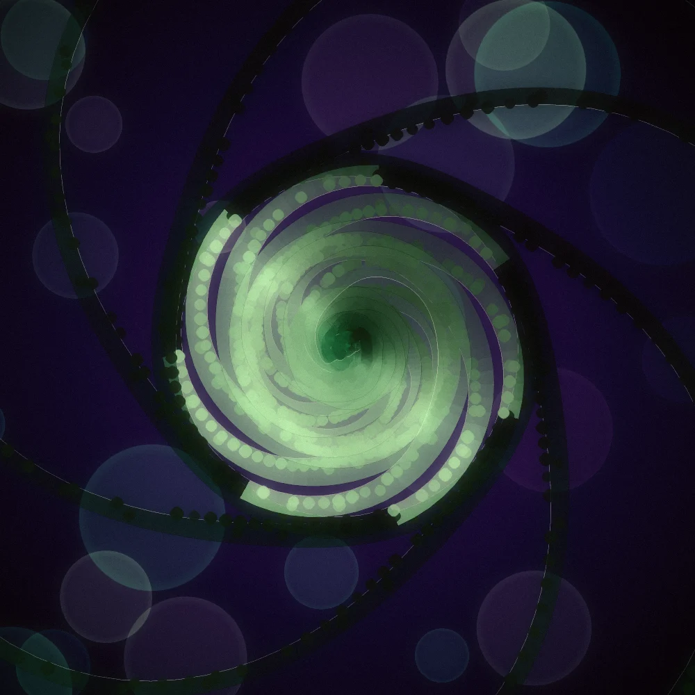 Emerald Fiddlehead – Organic · 115 diamonds · 7-fold symmetry · Forest palette · bloom, film grain, warm grade, tapered strokes generated with Espiralito