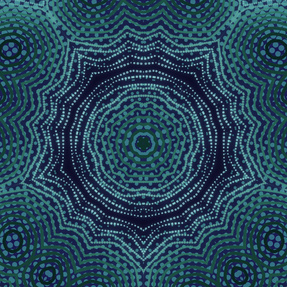 Emerald Kaleidoscope – Superformula · 235 squares · 8-fold symmetry · Forest palette · 5-wedge kaleidoscope with 2 fractal folds, bloom, cool grade, 3D depth, tapered strokes, glow, noise-sized shapes, depth sorting, connecting lines generated with Espiralito