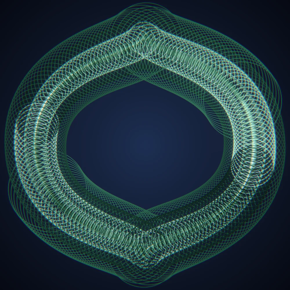 Emerald Knot – Superformula · 300 circles · 2-fold symmetry · Forest palette · ribbons + dots, bloom, chromatic aberration generated with Espiralito