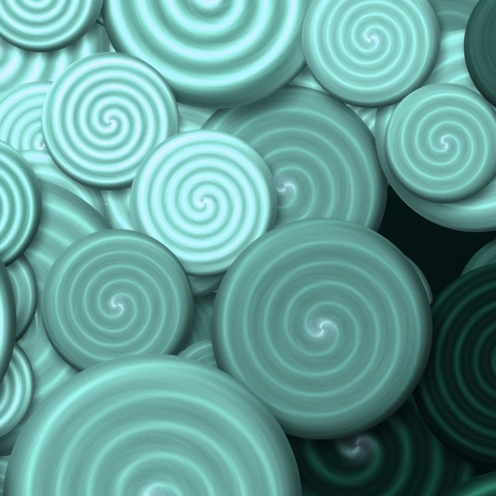Emerald Pinwheels – Swirls · packed painted swirls · 2 arms · Forest palette · bloom, film grain, cool grade, reverse rotation generated with Espiralito