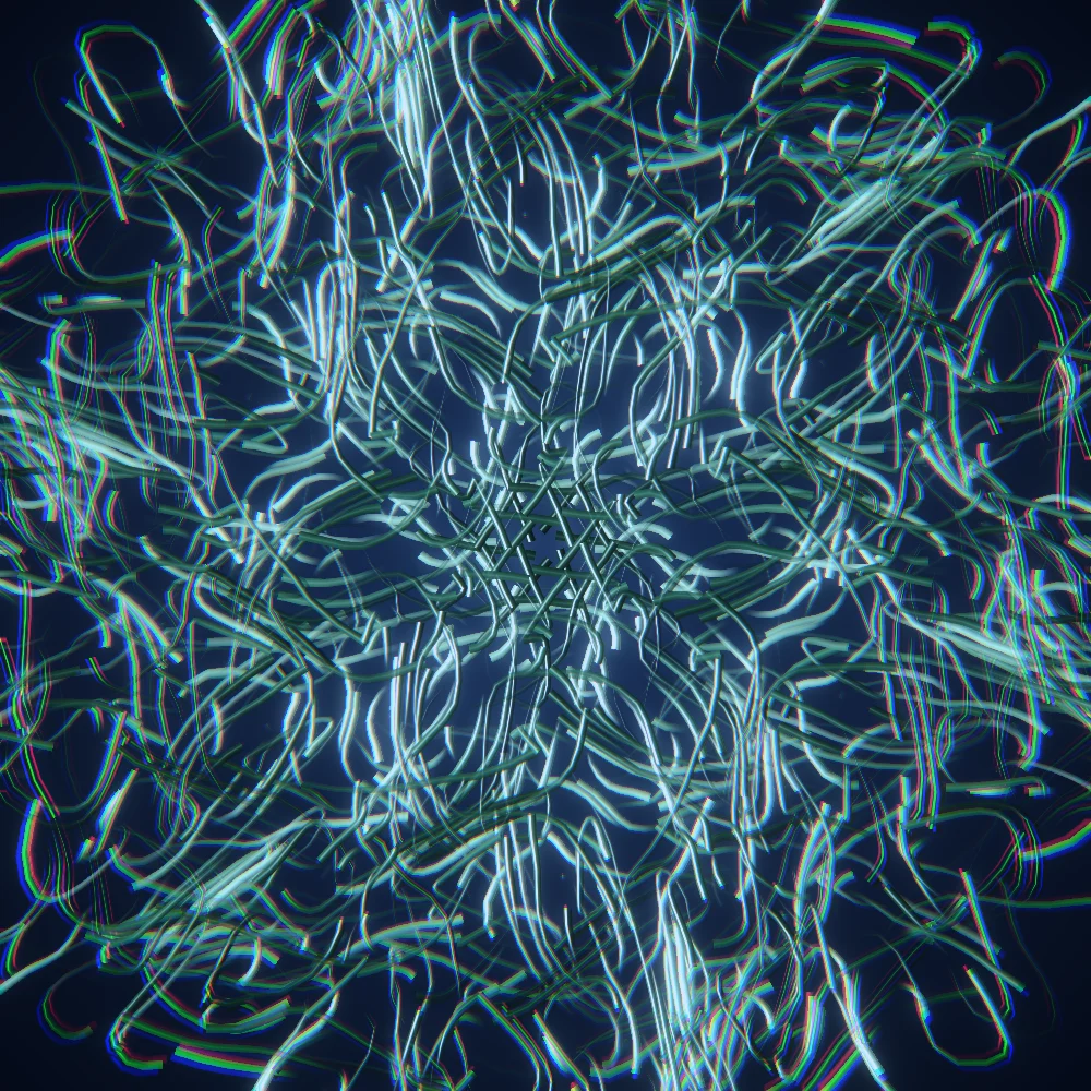 Emerald Rain – Flow field · 6-fold symmetry · Forest palette · shaded flow ribbons, bloom, chromatic aberration, cool grade generated with Espiralito