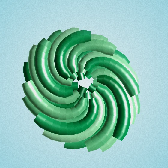 Emerald Seedhead – Fibonacci · 132 circles · Emerald palette · shaded ribbons, film grain, 3D depth