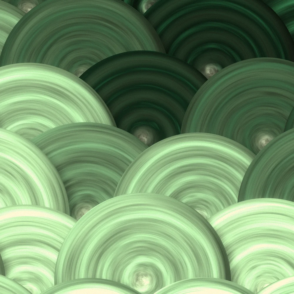 Emerald Seigaiha – Swirls · painted swirls overlapping like scales · Forest palette · bloom, film grain, warm grade, reverse rotation generated with Espiralito