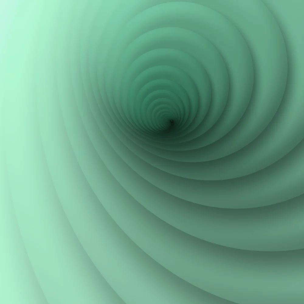 Emerald Tunnel – Swirls · a stack of paper discs sinking into a tunnel · Forest palette · bloom generated with Espiralito