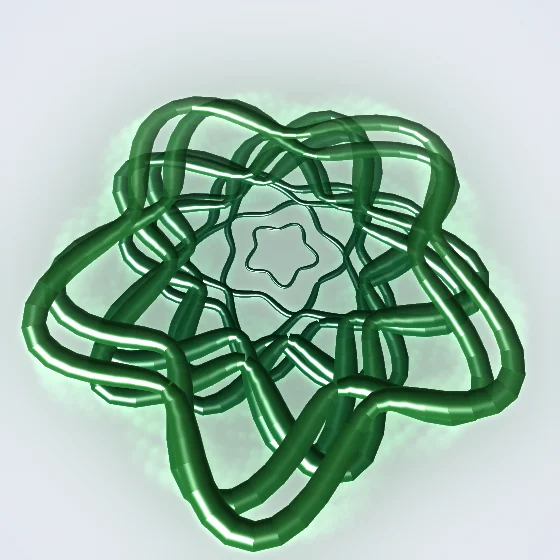 Evergreen Bloom – Superformula · 99 circles · 5-fold symmetry · Evergreen palette · shaded ribbons, , 3D depth, reverse rotation, animated background, glow, motion trails, connecting lines
