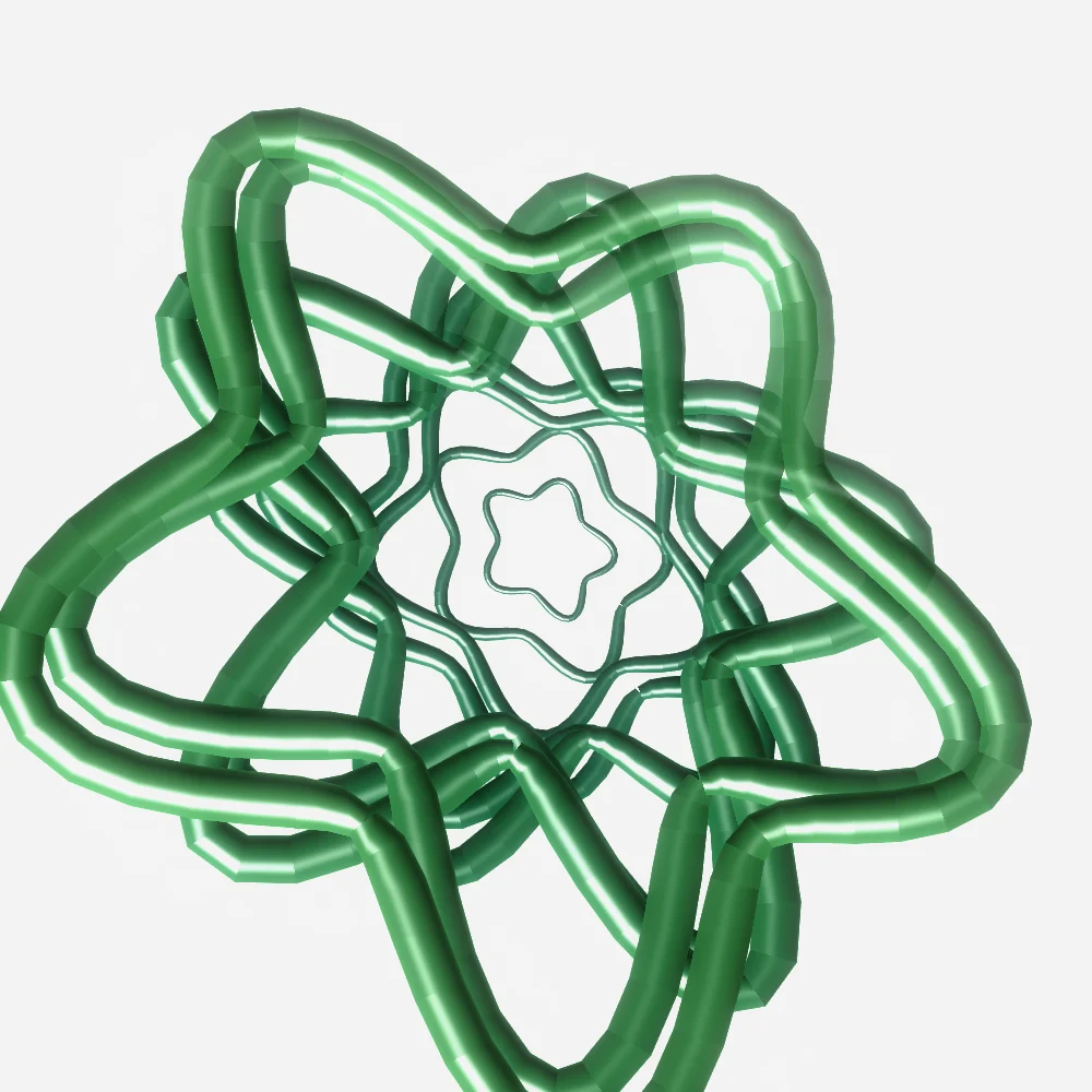 Evergreen Bloom – Superformula · 99 circles · 5-fold symmetry · Evergreen palette · shaded ribbons, bloom, 3D depth, reverse rotation, animated background, glow, motion trails, connecting lines generated with Espiralito