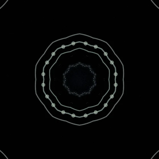 Evergreen Kaleidoscope – Spiral · 154 circles · 2-fold symmetry · Evergreen palette · 10-wedge kaleidoscope with 1 fractal fold, bloom, film grain, black-and-white grade, 3D depth, tapered strokes, shape morphing, motion trails, noise-sized shapes, depth sorting