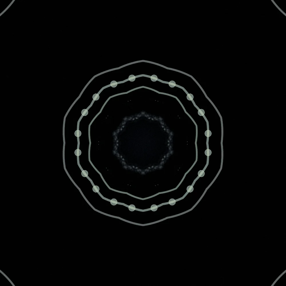 Evergreen Kaleidoscope – Spiral · 154 circles · 2-fold symmetry · Evergreen palette · 10-wedge kaleidoscope with 1 fractal fold, bloom, film grain, black-and-white grade, 3D depth, tapered strokes, shape morphing, motion trails, noise-sized shapes, depth sorting generated with Espiralito