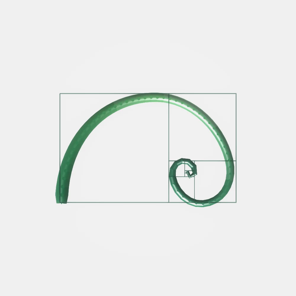 Evergreen Seedhead III – Fibonacci · 78 circles · Evergreen palette · ribbons + dots, bloom, 3D depth generated with Espiralito