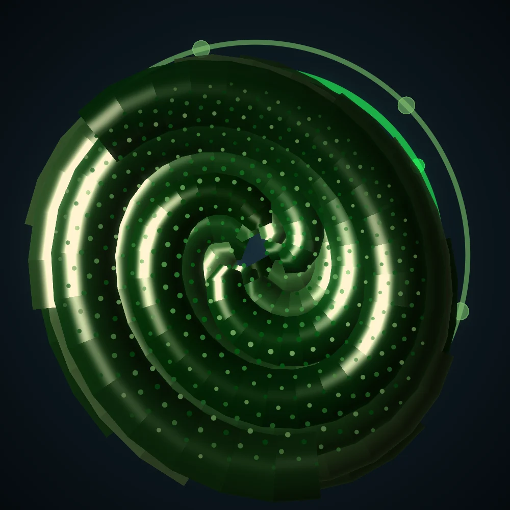 Evergreen Seedhead – Fibonacci · 237 circles · Evergreen palette · shaded ribbons, bloom, warm grade, 3D depth, connecting lines generated with Espiralito