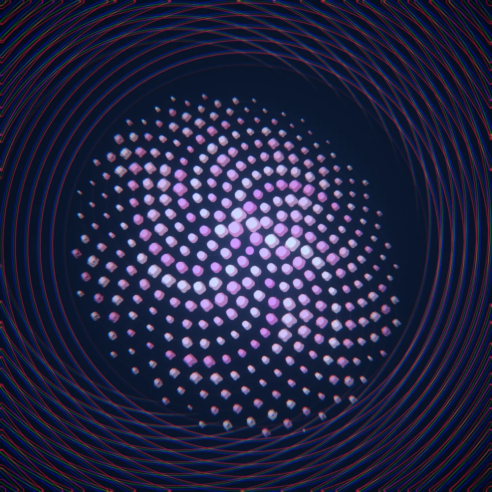 Flamingo Gems – Fibonacci · 176 wireframe octahedra · Flamingo palette · bloom, chromatic aberration, film grain, cool grade, 3D depth, tapered strokes, fit-to-canvas, noise-sized shapes, connecting lines, turning solids generated with Espiralito