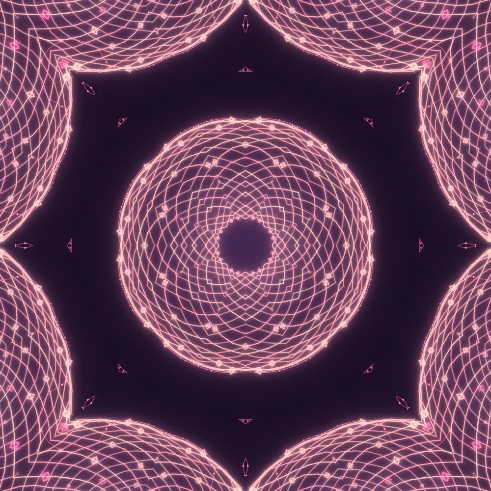 Flamingo Octahedra – Mandala · 220 wireframe octahedra · Flamingo palette · 8-wedge kaleidoscope with 1 fractal fold, bloom, warm grade, 3D depth, glow, turning solids generated with Espiralito