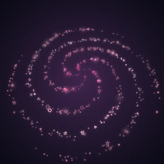Flamingo Whorl II – Spiral · 69 squares · 4-fold symmetry · Flamingo palette · , 3D depth, shape morphing, animated background, glow, depth sorting