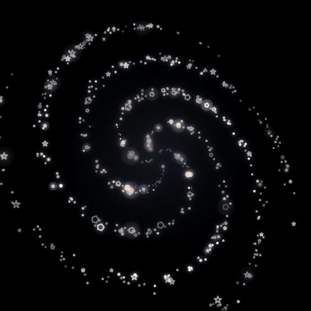 Flamingo Whorl II – Spiral · 69 squares · 4-fold symmetry · Flamingo palette · bloom, black-and-white grade, 3D depth, shape morphing, glow, depth sorting generated with Espiralito
