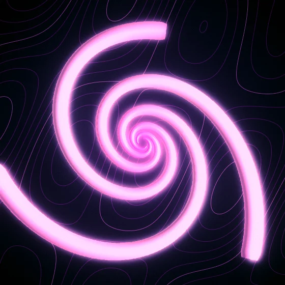 Flamingo Whorl – Spiral · 180 circles · 3-fold symmetry · Flamingo palette · shaded ribbons, bloom, film grain, neon grade, 3D depth, animated background, glow
