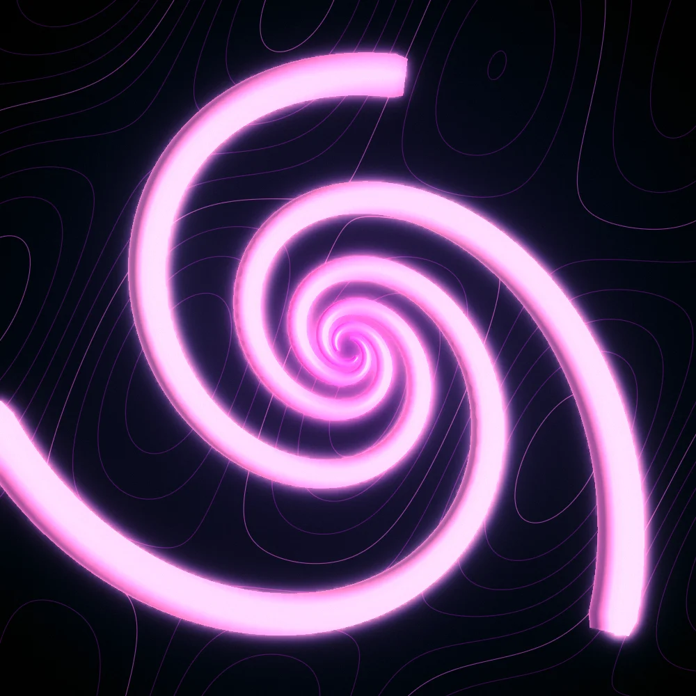 Flamingo Whorl – Spiral · 180 circles · 3-fold symmetry · Flamingo palette · shaded ribbons, bloom, film grain, neon grade, 3D depth, animated background, glow generated with Espiralito