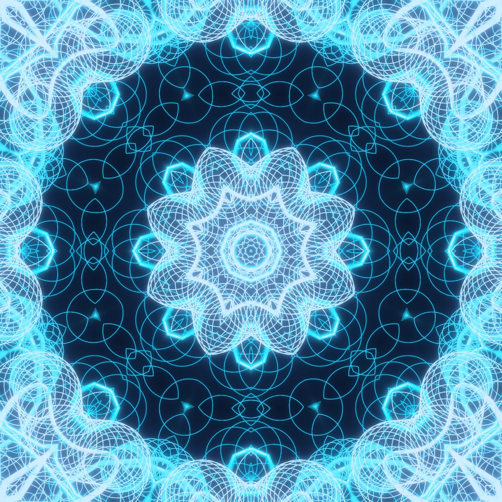 Frozen Cathedral – Spirograph · 300 circles · Glacier palette · ribbons + dots, 8-wedge kaleidoscope with 2 fractal folds, bloom, cool grade generated with Espiralito