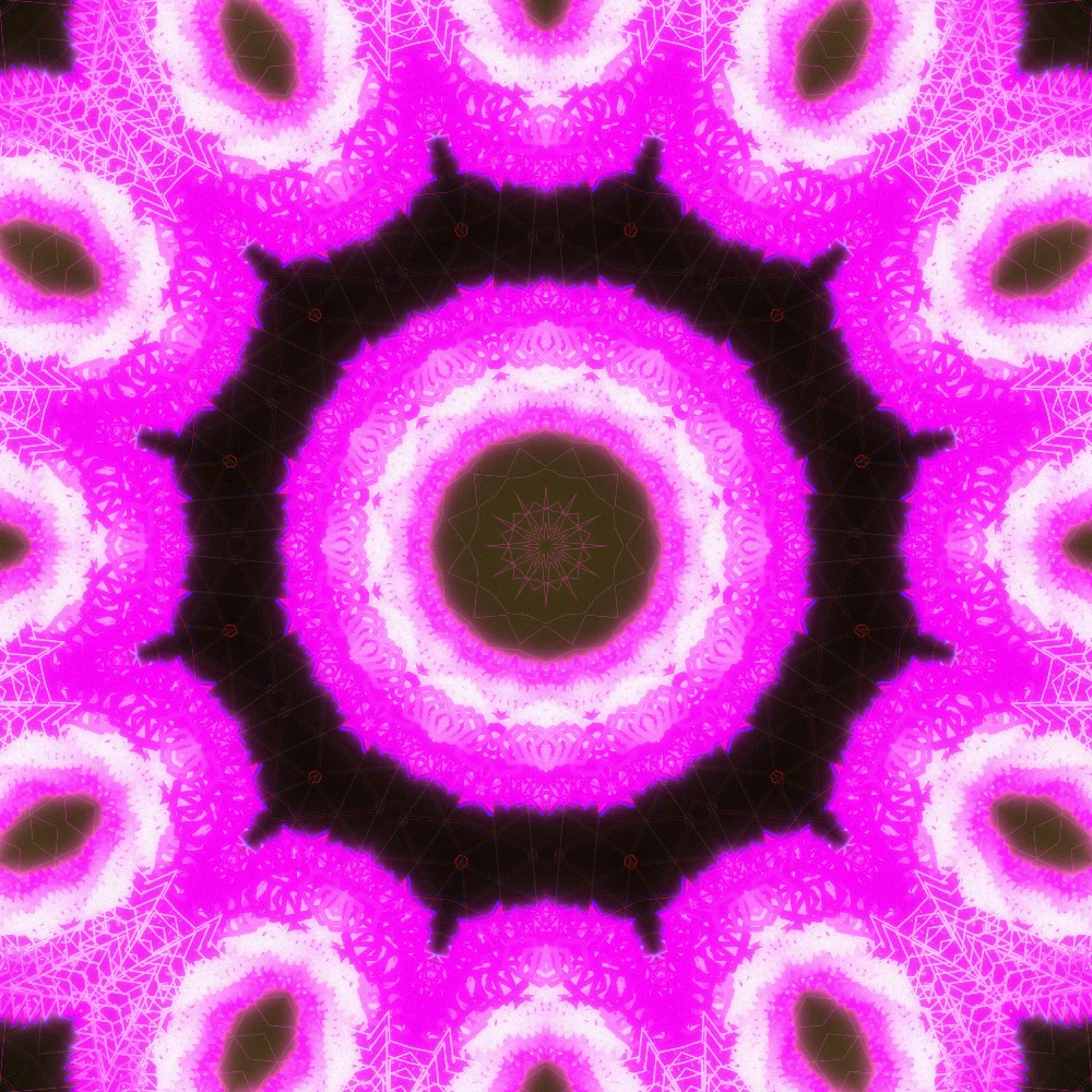 Fuchsia Bloom – Superformula · 173 triangles · 10-fold symmetry · Mono Magenta palette · ribbons + dots, 12-wedge kaleidoscope with 2 fractal folds, bloom, chromatic aberration, film grain, 3D depth, tapered strokes, shape morphing, animated background, fit-to-canvas, glow, connecting lines generated with Espiralito