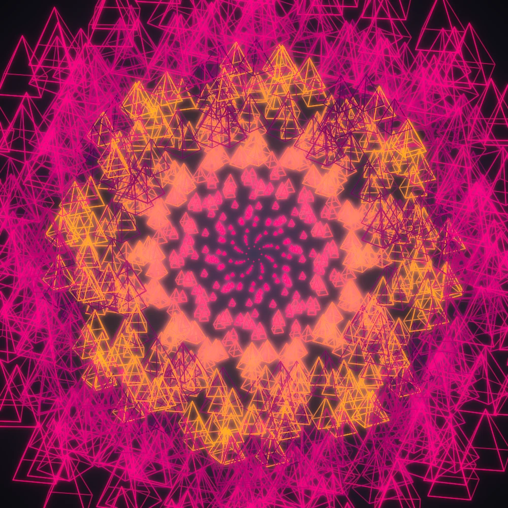 Garnet Pyramids – Burst · 140 wireframe pyramids · 8-fold symmetry · Blood Moon palette · bloom, warm grade, glow, turning solids generated with Espiralito