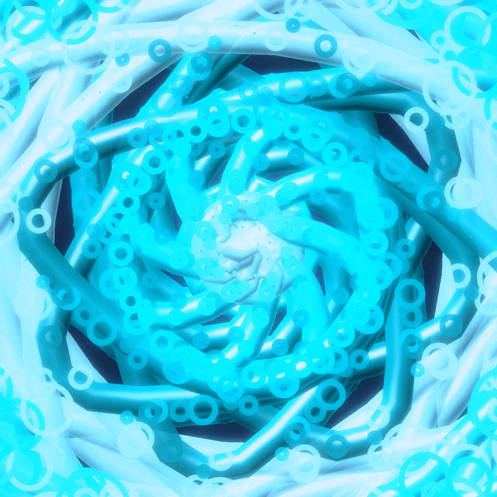 Glacier Coil – Spiral · 253 triangles · 8-fold symmetry · Mono Cyan palette · ribbons + dots, bloom, film grain, cool grade, 3D depth, dual spiral, tapered strokes, shape morphing, noise-sized shapes generated with Espiralito