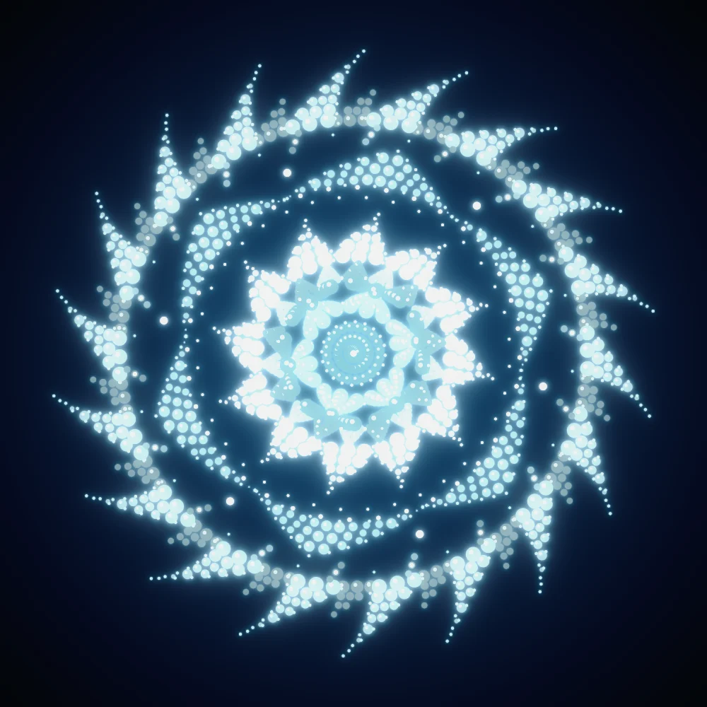 Glacier Dotpaint – Mandala · 220 circles · Glacier palette · bloom, animated background, glow generated with Espiralito