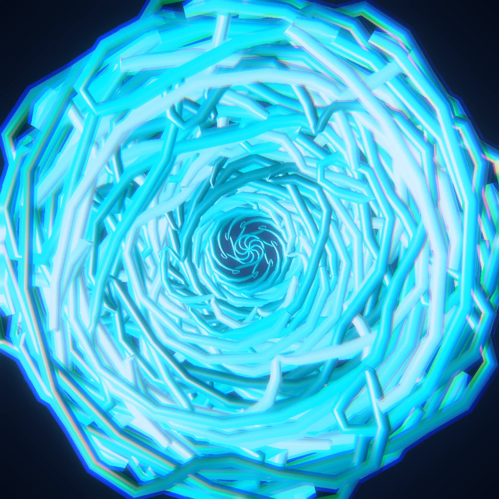 Glacier Fan – Burst · 300 circles · 8-fold symmetry · Mono Cyan palette · shaded ribbons, bloom, chromatic aberration, cool grade generated with Espiralito