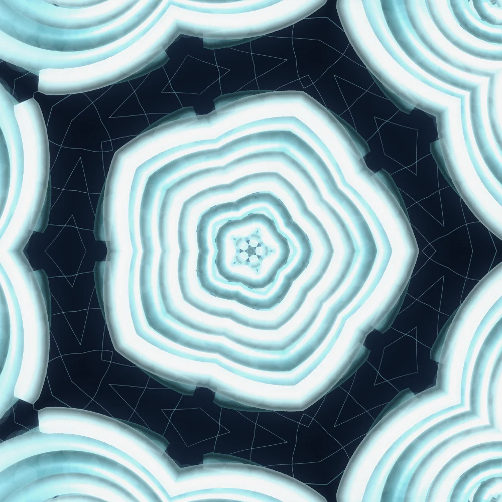 Glacier Kaleidoscope – Spiral · 212 circles · 5-fold symmetry · Glacier palette · shaded ribbons, 5-wedge kaleidoscope with 1 fractal fold, bloom, film grain, 3D depth, dual spiral, animated background generated with Espiralito