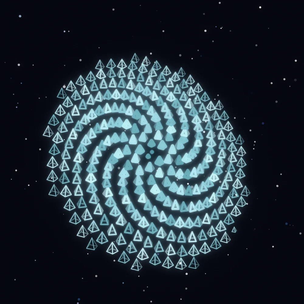 Glacier Pyramids – Fibonacci · 139 wireframe pyramids · Glacier palette · bloom, film grain, 3D depth, tapered strokes, animated background, glow, depth sorting, turning solids generated with Espiralito