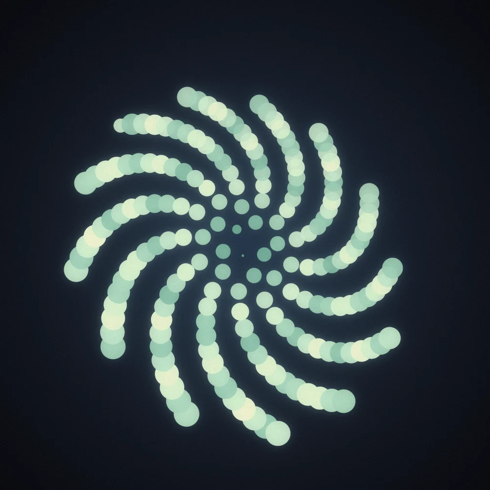 Glacier Seedhead – Fibonacci · 90 circles · Glacier palette · bloom, film grain, warm grade, 3D depth, depth sorting generated with Espiralito