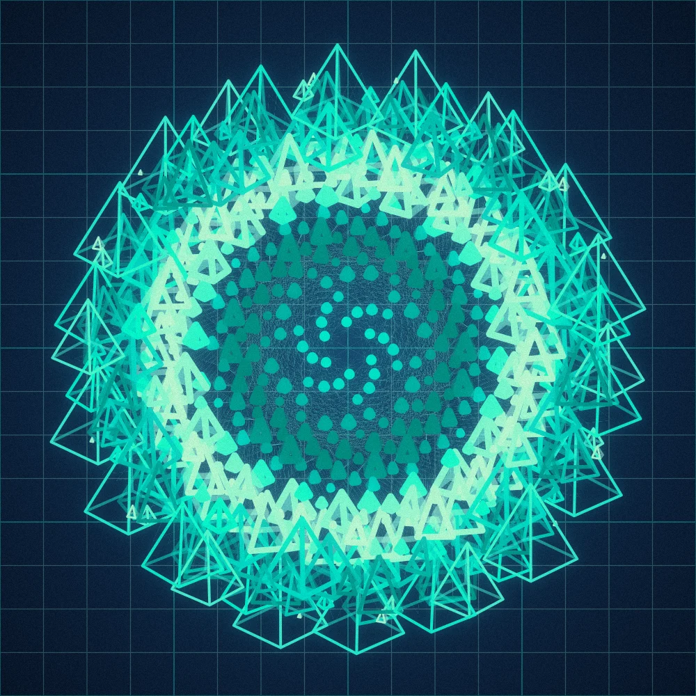 Glass Pyramids – Fibonacci · 114 wireframe pyramids · 6-fold symmetry · Mono Cyan palette · bloom, film grain, warm grade, tapered strokes, noise-sized shapes, connecting lines, turning solids generated with Espiralito