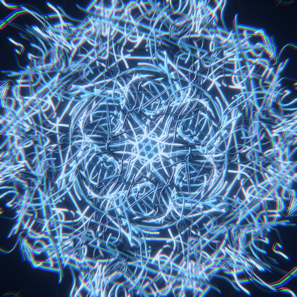 Glass Rain – Flow field · 6-fold symmetry · Arctic palette · shaded flow ribbons, bloom, chromatic aberration, cool grade generated with Espiralito