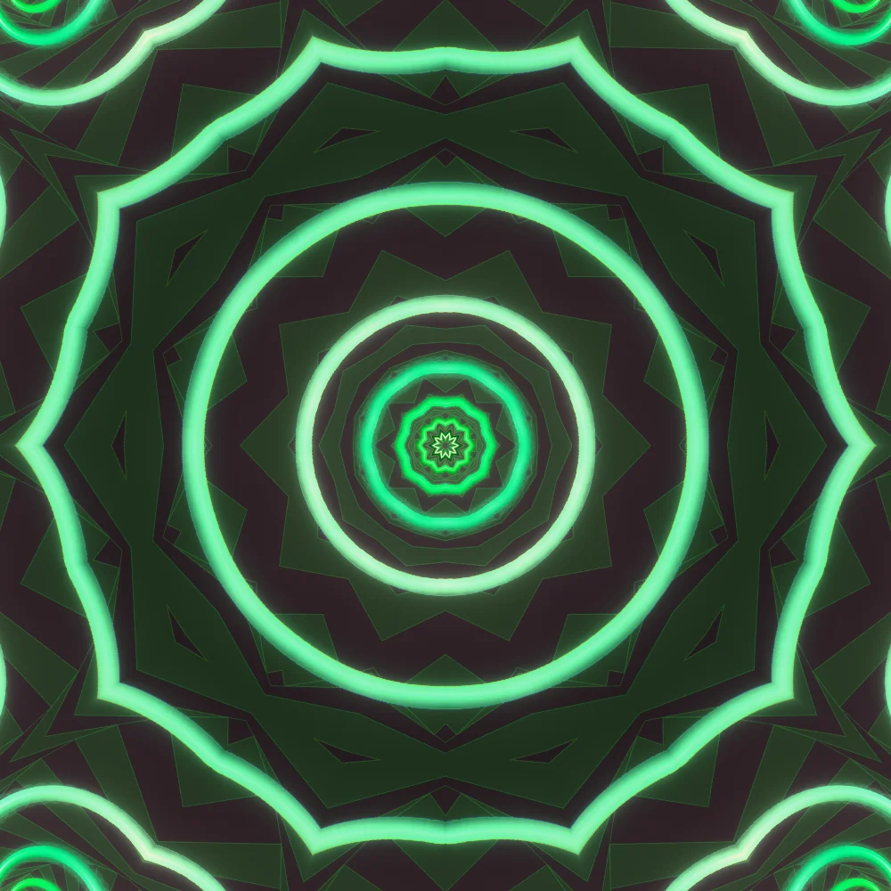 Glow Cubes – Spiral · 175 wireframe cubes · 3-fold symmetry · Bioluminescent palette · shaded ribbons, 10-wedge kaleidoscope with 1 fractal fold, bloom, chromatic aberration, warm grade, 3D depth, turning solids generated with Espiralito